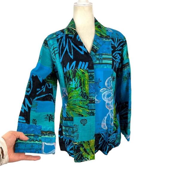 Chico's Oriental Art-to-Wear Patchwork Silk Linen Blazer Jacket Turquoise SZ 4 - Picture 4 of 15